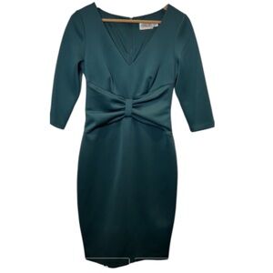 Eliza J. Hunter Green V-Neck Cocktail Sheath Dress w/ Waist Knot Detail Size 4”